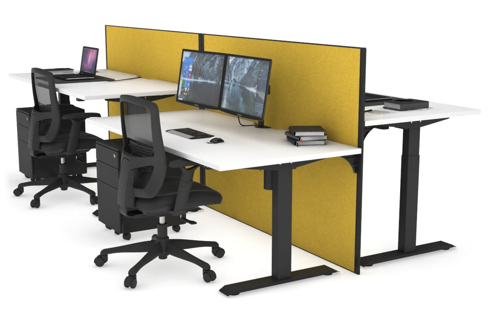Just Right Height Adjustable 4 Person Bench Workstation [1400L x 800W with Cable Scallop]-black leg white mustard yellow (1200H x 1400W)