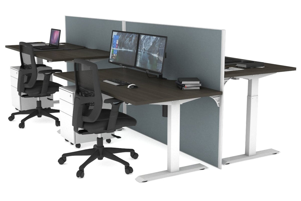 Just Right Height Adjustable 4 Person Bench Workstation [1400L x 800W with Cable Scallop]-white leg dark oak cool grey (1200H x 1400W)