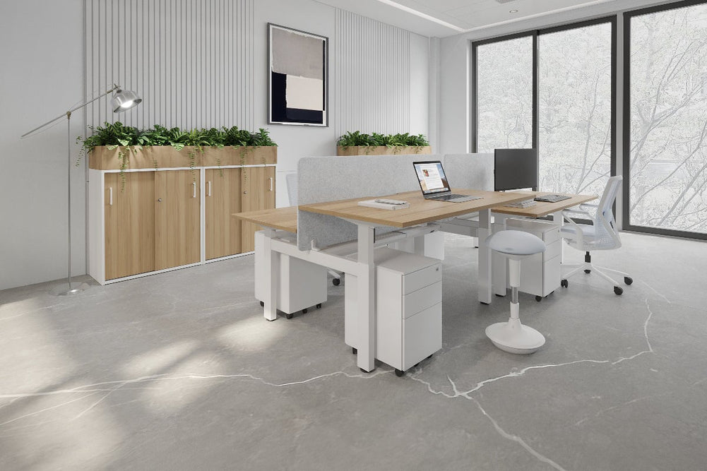 Just Right Height Adjustable 4 Person Bench Workstation [1400L x 800W with Cable Scallop]-black leg dark oak moody charcoal (1200H x 1400W)