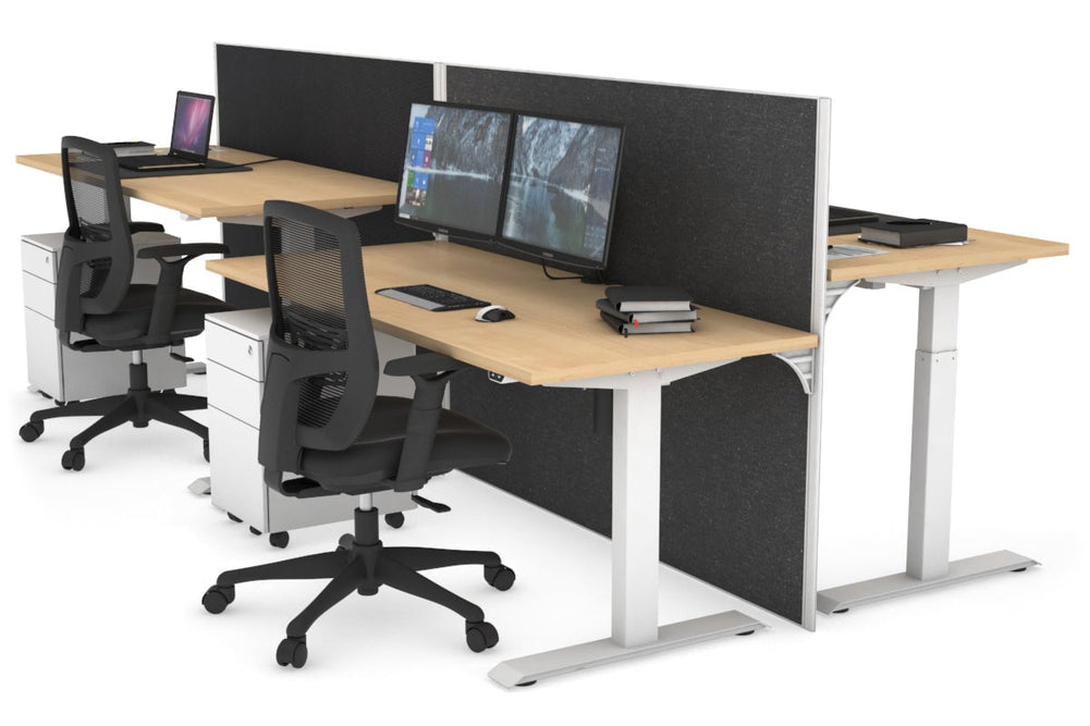 Just Right Height Adjustable 4 Person Bench Workstation [1600L x 700W]-white leg maple moody charcoal (1200H x 1600W)