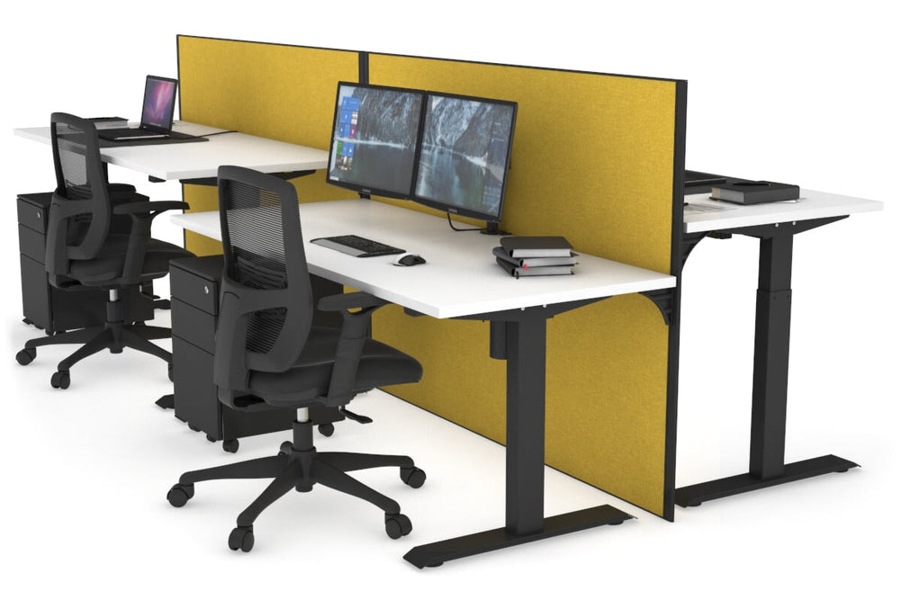 Just Right Height Adjustable 4 Person Bench Workstation [1600L x 700W]-black leg white mustard yellow (1200H x 1600W)