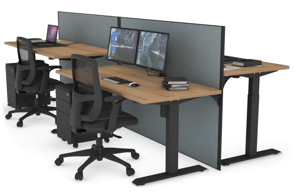 Just Right Height Adjustable 4 Person Bench Workstation [1600L x 700W]-black leg salvage oak cool grey (1200H x 1600W)