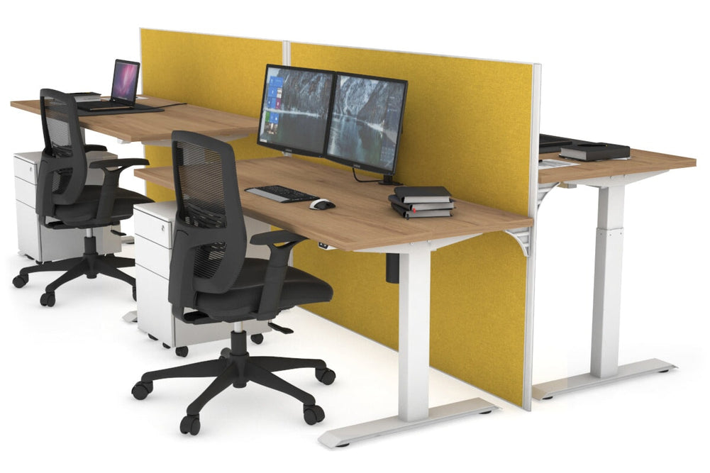 Just Right Height Adjustable 4 Person Bench Workstation [1600L x 700W]-white leg salvage oak mustard yellow (1200H x 1600W)