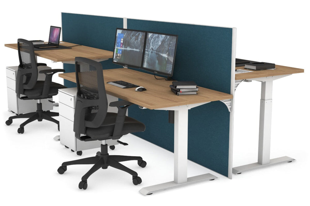 Just Right Height Adjustable 4 Person Bench Workstation [1600L x 700W]-white leg salvage oak deep blue (1200H x 1600W)
