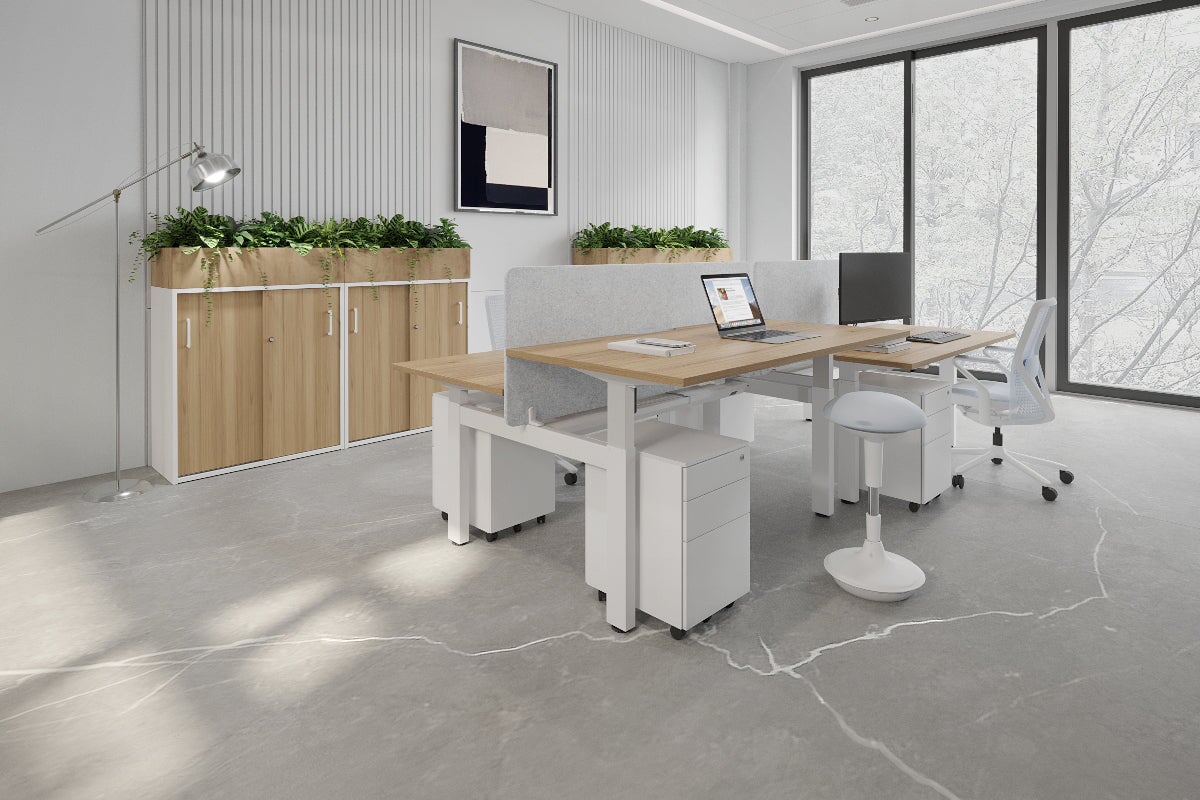 Just Right Height Adjustable 4 Person Bench Workstation [1600L x 800W with Cable Scallop] Jasonl 