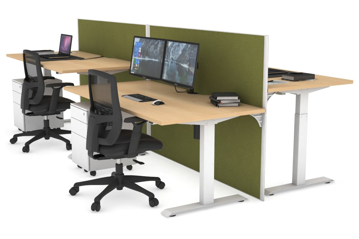 Just Right Height Adjustable 4 Person Bench Workstation [1600L x 800W with Cable Scallop] Jasonl white leg maple green moss (1200H x 1200W)