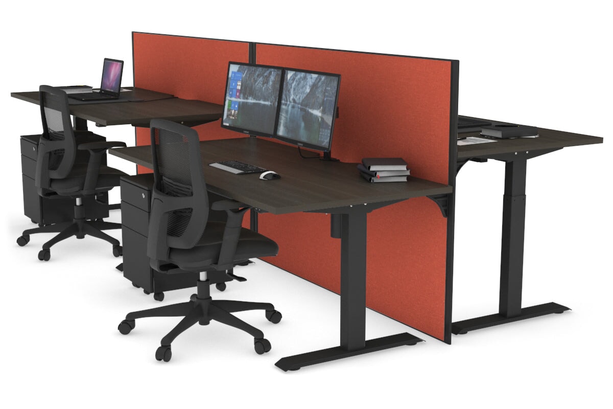 Just Right Height Adjustable 4 Person Bench Workstation [1600L x 800W with Cable Scallop] Jasonl black leg dark oak orange squash (1200H x 1200W)