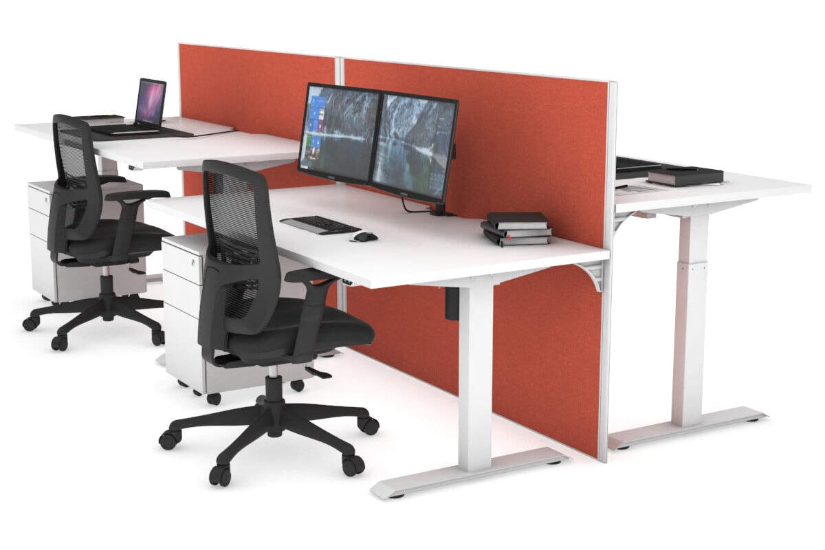 Just Right Height Adjustable 4 Person Bench Workstation [1600L x 800W with Cable Scallop] Jasonl white leg white orange squash (1200H x 1200W)