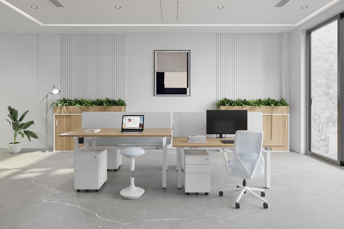 Just Right Height Adjustable 4 Person Bench Workstation [1600L x 800W with Cable Scallop] Jasonl 