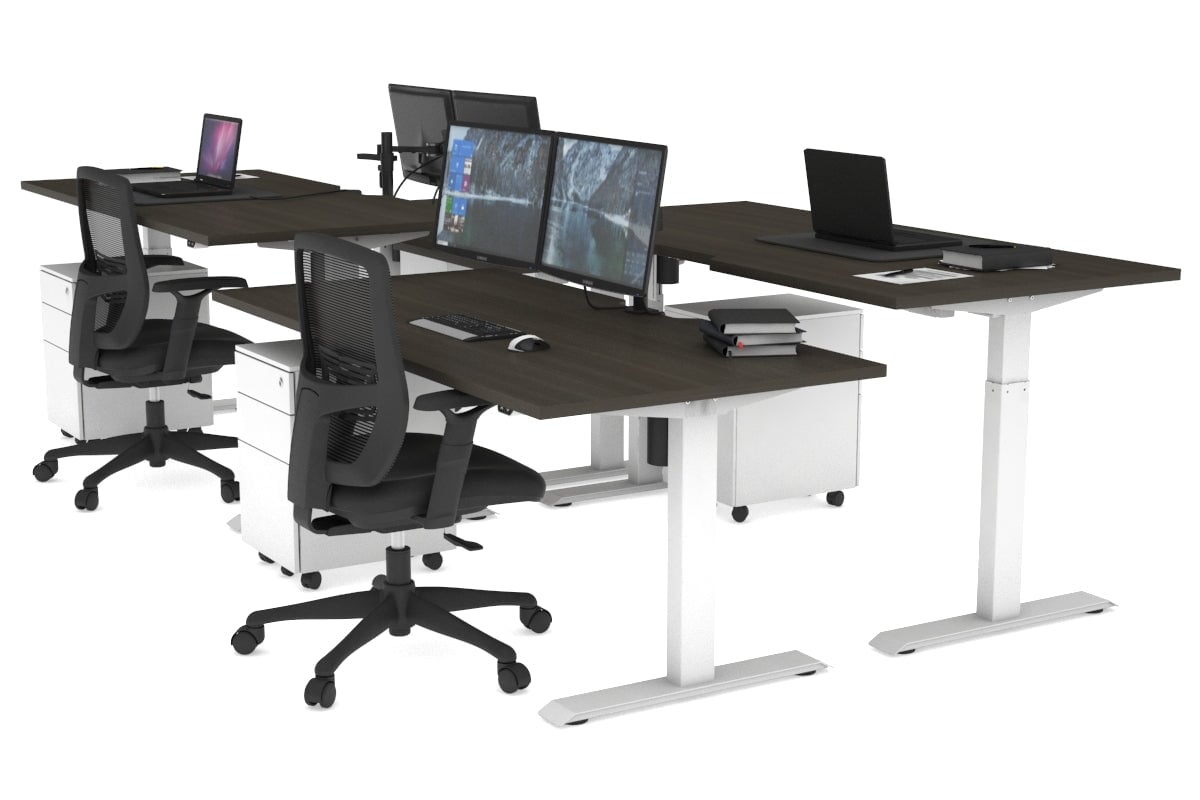 Just Right Height Adjustable 4 Person Bench Workstation [1600L x 800W with Cable Scallop] Jasonl white leg dark oak none