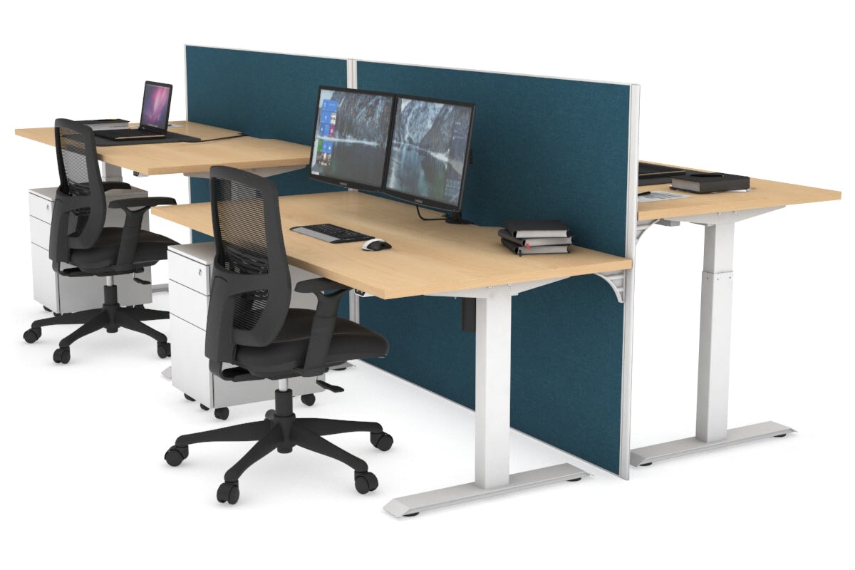 Just Right Height Adjustable 4 Person Bench Workstation [1600L x 800W with Cable Scallop] Jasonl white leg maple deep blue (1200H x 1200W)