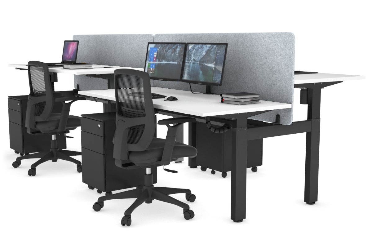 Just Right Height Adjustable 4 Person H-Bench Workstation - Black Frame [1200L x 700W] Jasonl white light grey echo panel (820H x 1200W) black cable tray