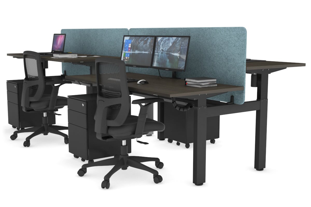 Just Right Height Adjustable 4 Person H-Bench Workstation - Black Frame [1200L x 700W] Jasonl dark oak blue echo panel (820H x 1200W) black cable tray