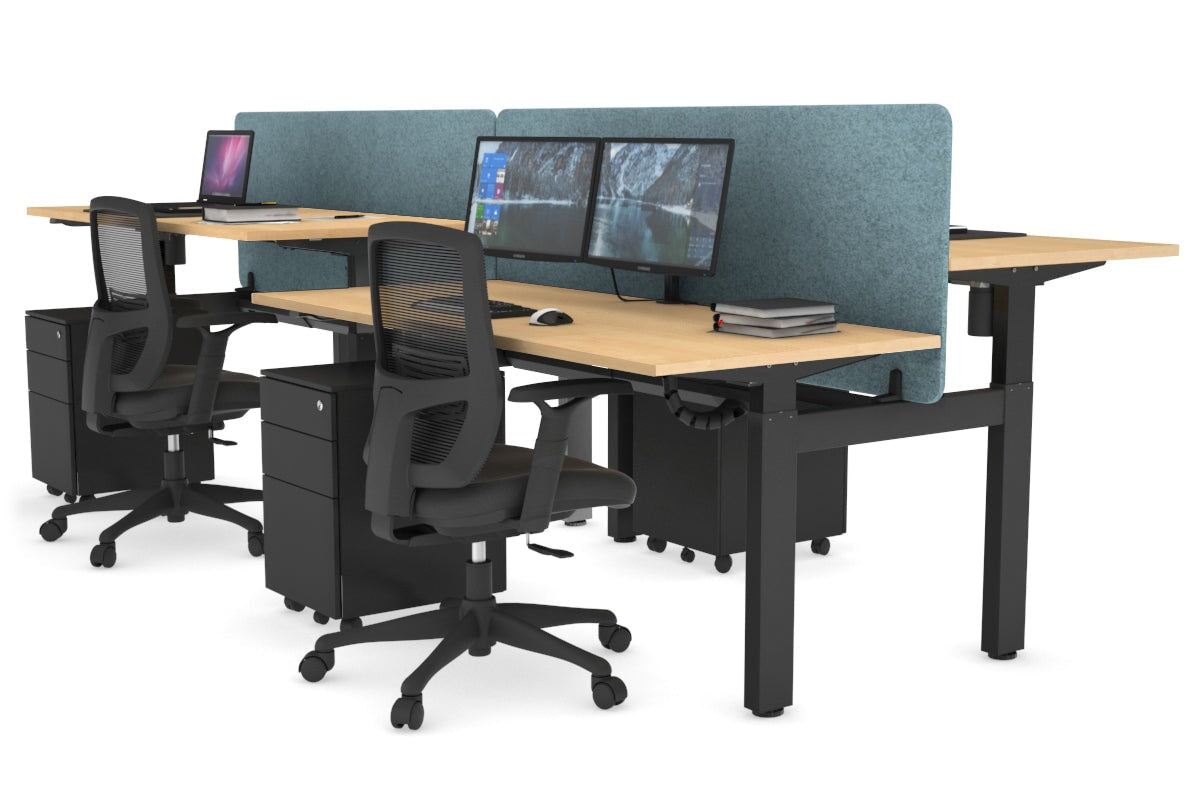 Just Right Height Adjustable 4 Person H-Bench Workstation - Black Frame [1200L x 700W] Jasonl maple blue echo panel (820H x 1200W) black cable tray