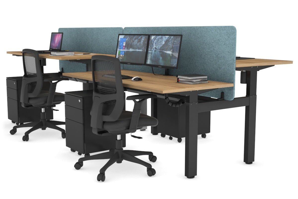 Just Right Height Adjustable 4 Person H-Bench Workstation - Black Frame [1200L x 700W] Jasonl salvage oak blue echo panel (820H x 1200W) black cable tray