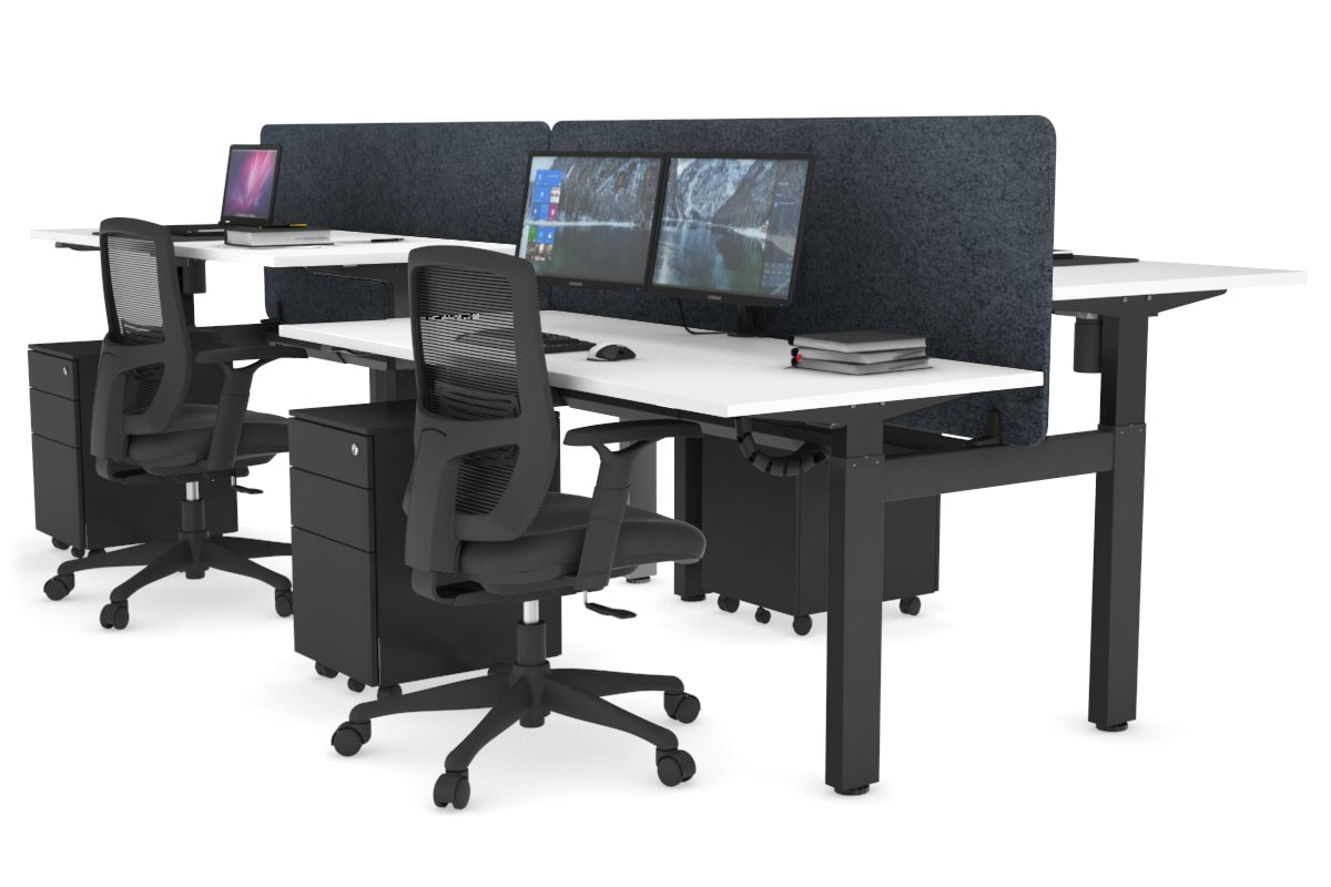 Just Right Height Adjustable 4 Person H-Bench Workstation - Black Frame [1200L x 700W] Jasonl white dark grey echo panel (820H x 1200W) black cable tray