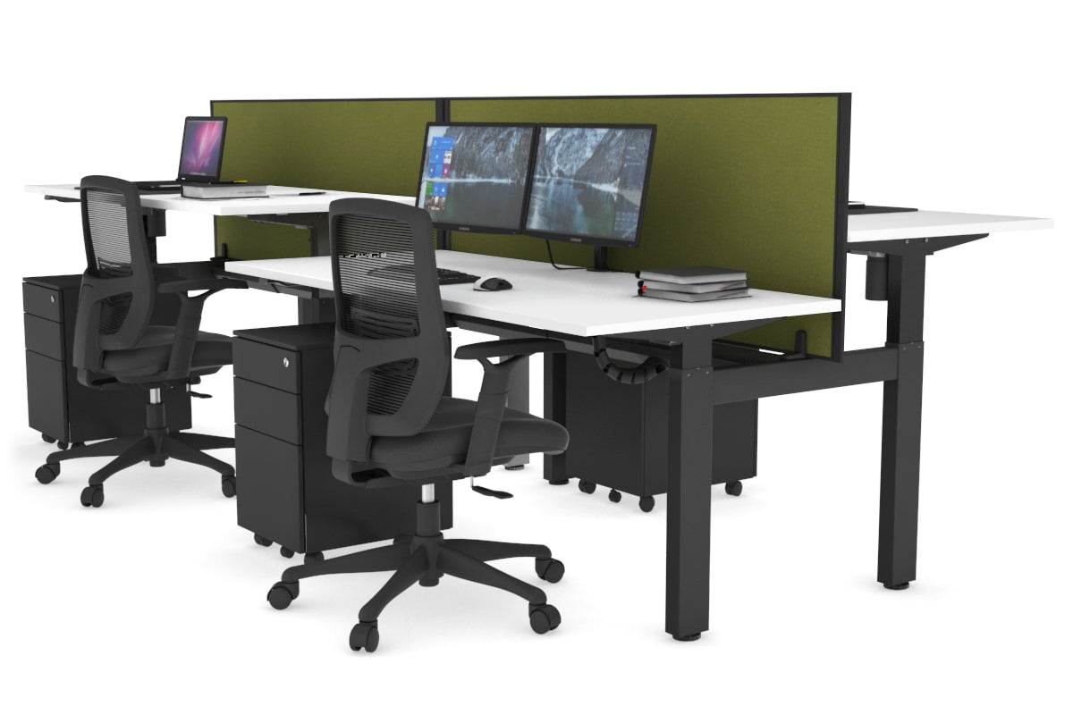 Just Right Height Adjustable 4 Person H-Bench Workstation - Black Frame [1200L x 700W] Jasonl white green moss (820H x 1200W) black cable tray