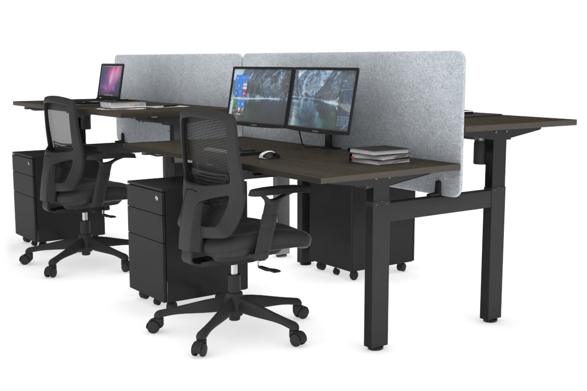 Just Right Height Adjustable 4 Person H-Bench Workstation - Black Frame [1200L x 700W] Jasonl dark oak light grey echo panel (820H x 1200W) none
