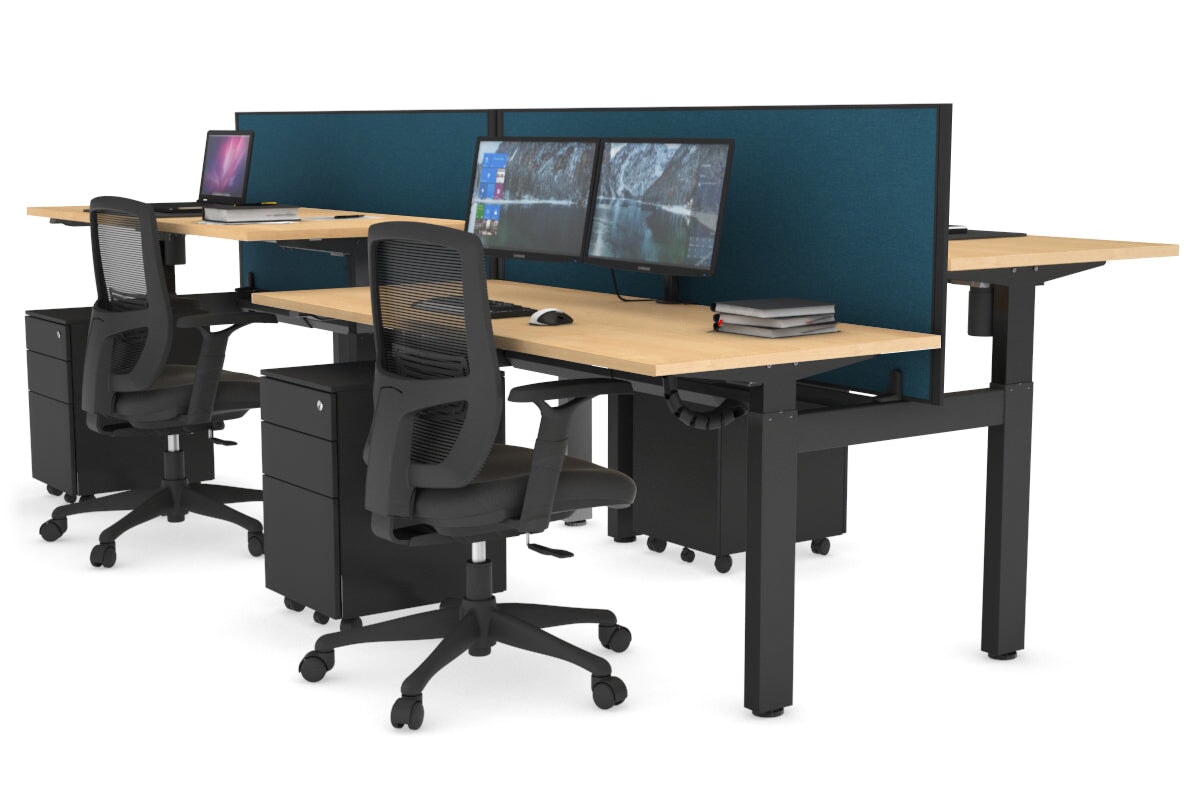 Just Right Height Adjustable 4 Person H-Bench Workstation - Black Frame [1200L x 700W] Jasonl maple deep blue (820H x 1200W) black cable tray