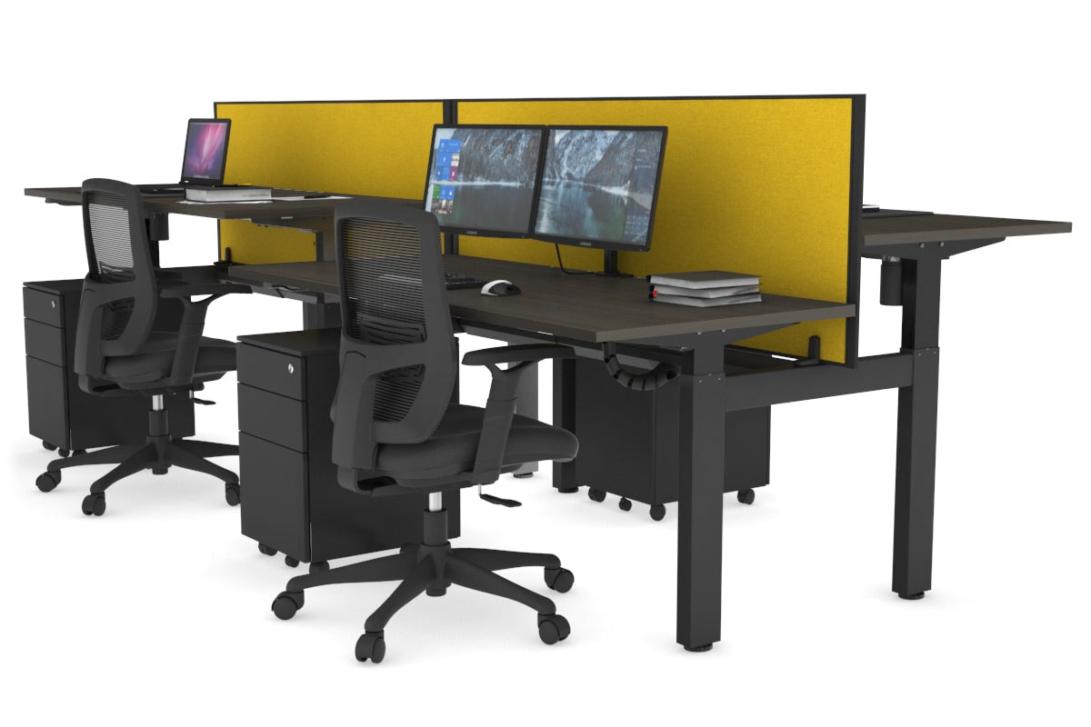 Just Right Height Adjustable 4 Person H-Bench Workstation - Black Frame [1200L x 700W] Jasonl dark oak mustard yellow (820H x 1200W) black cable tray
