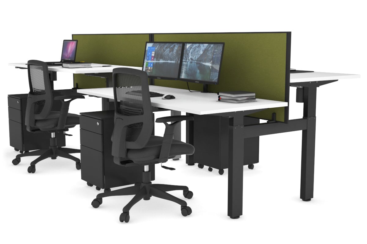 Just Right Height Adjustable 4 Person H-Bench Workstation - Black Frame [1200L x 700W] Jasonl white green moss (820H x 1200W) none