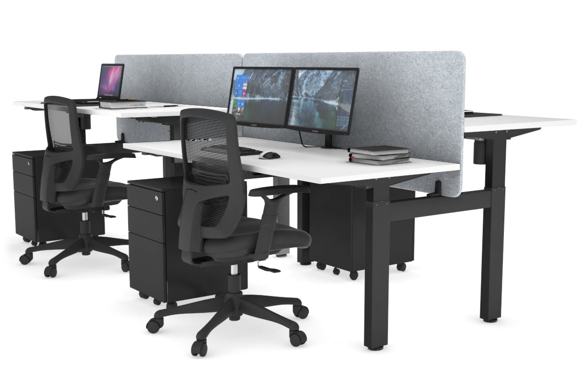 Just Right Height Adjustable 4 Person H-Bench Workstation - Black Frame [1200L x 700W]-white light grey echo panel (820H x 1200W) none
