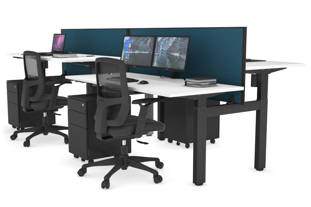 Just Right Height Adjustable 4 Person H-Bench Workstation - Black Frame [1200L x 700W] Jasonl white deep blue (820H x 1200W) none