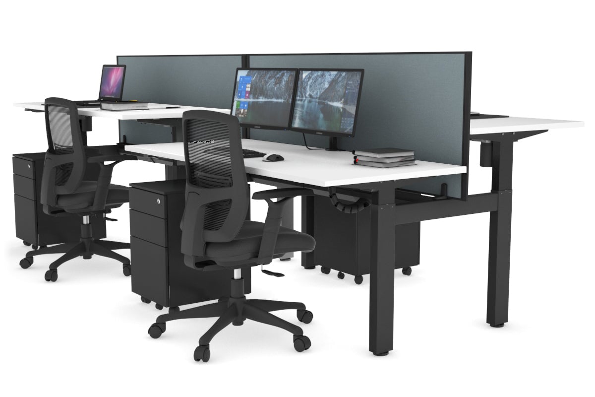 Just Right Height Adjustable 4 Person H-Bench Workstation - Black Frame [1200L x 700W] Jasonl white cool grey (820H x 1200W) black cable tray