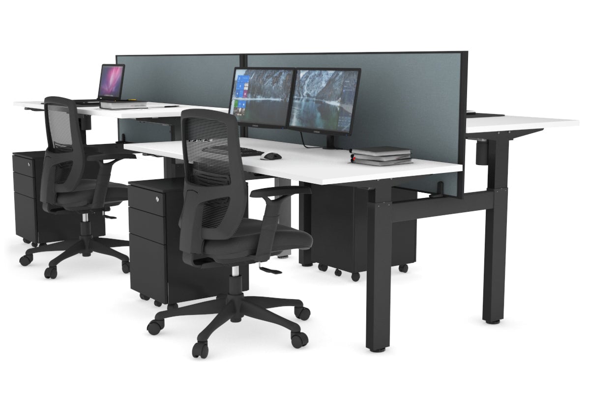 Just Right Height Adjustable 4 Person H-Bench Workstation - Black Frame [1200L x 700W] Jasonl white cool grey (820H x 1200W) none