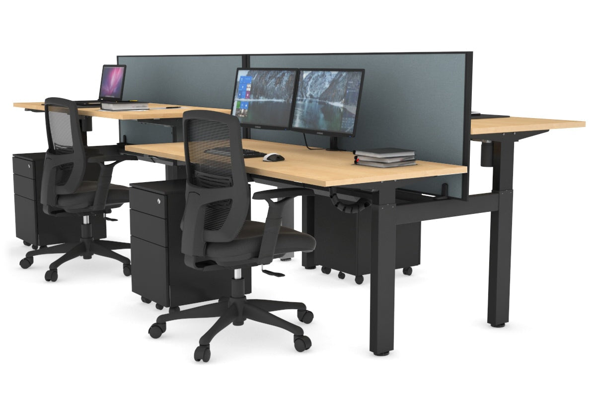 Just Right Height Adjustable 4 Person H-Bench Workstation - Black Frame [1200L x 700W] Jasonl maple cool grey (820H x 1200W) black cable tray