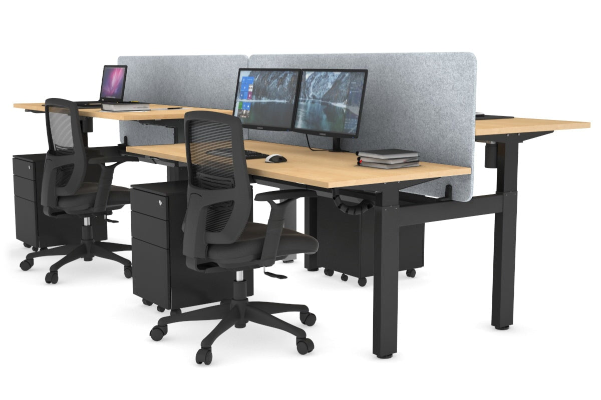 Just Right Height Adjustable 4 Person H-Bench Workstation - Black Frame [1200L x 700W] Jasonl maple light grey echo panel (820H x 1200W) black cable tray