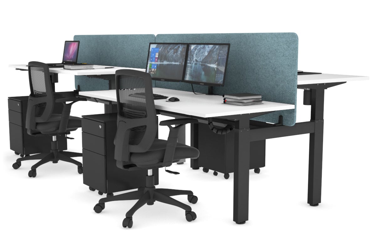 Just Right Height Adjustable 4 Person H-Bench Workstation - Black Frame [1200L x 700W] Jasonl white blue echo panel (820H x 1200W) black cable tray