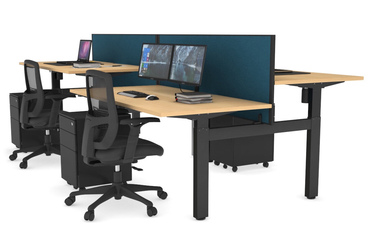 Just Right Height Adjustable 4 Person H-Bench Workstation - Black Frame [1200L x 800W] Jasonl maple deep blue (820H x 1200W) none