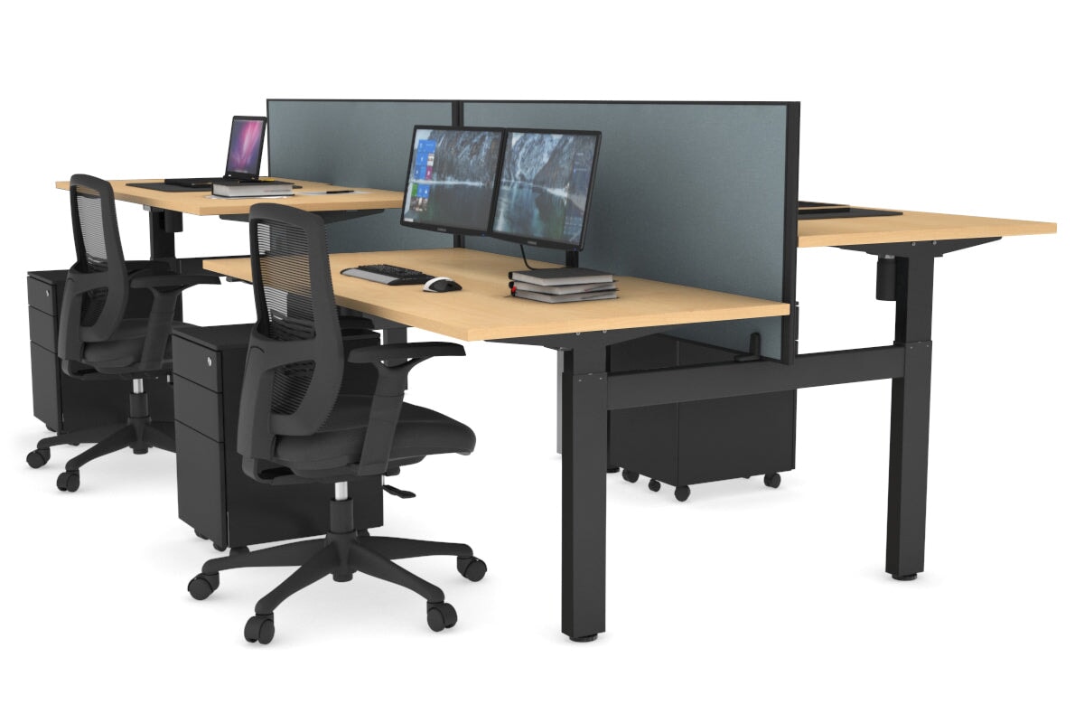 Just Right Height Adjustable 4 Person H-Bench Workstation - Black Frame [1200L x 800W] Jasonl maple cool grey (820H x 1200W) none