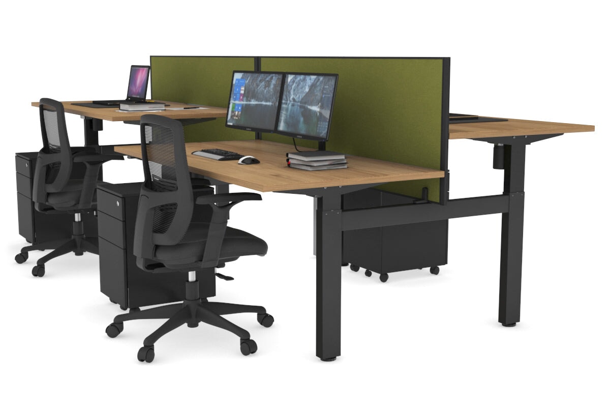 Just Right Height Adjustable 4 Person H-Bench Workstation - Black Frame [1200L x 800W] Jasonl salvage oak green moss (820H x 1200W) none
