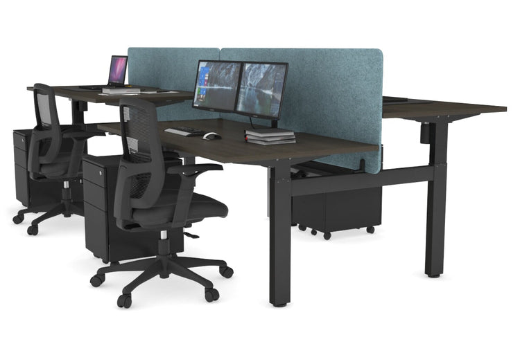 Just Right Height Adjustable 4 Person H-Bench Workstation - Black Frame [1200L x 800W] Jasonl dark oak blue echo panel (820H x 1200W) black cable tray