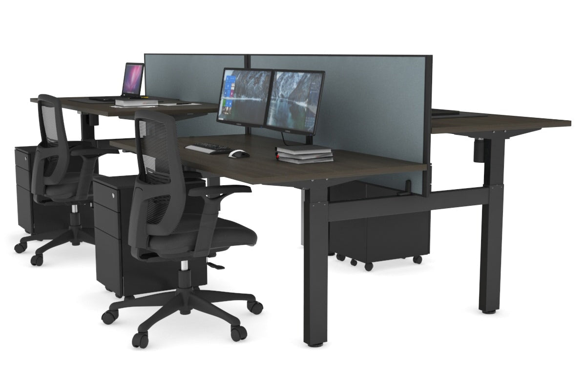 Just Right Height Adjustable 4 Person H-Bench Workstation - Black Frame [1200L x 800W] Jasonl dark oak cool grey (820H x 1200W) none