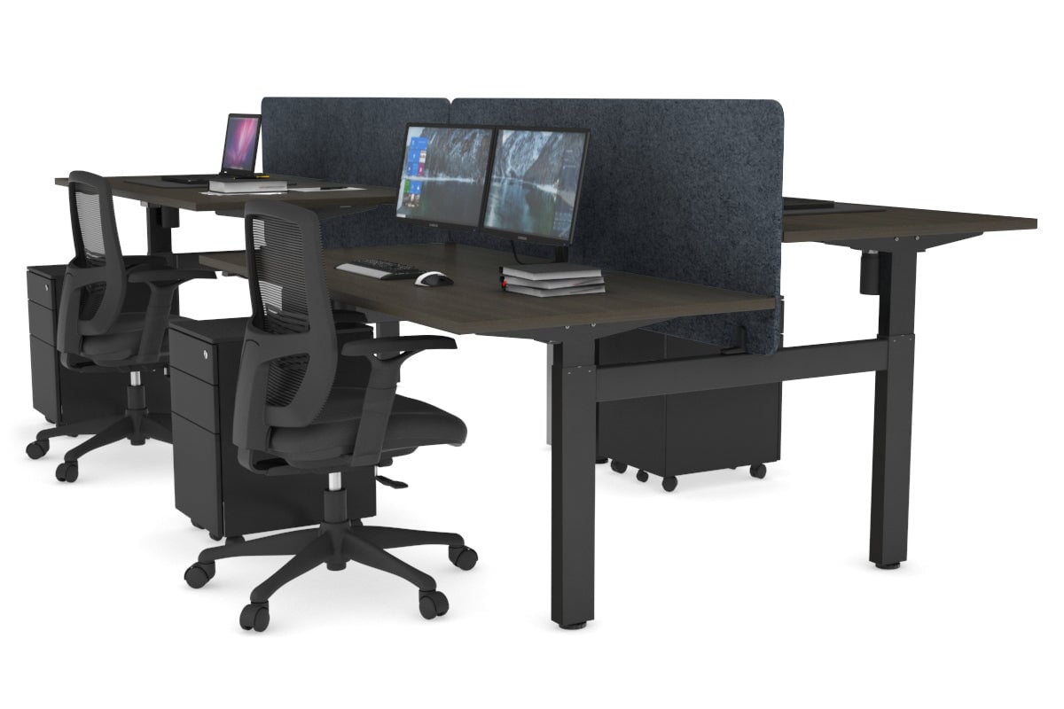 Just Right Height Adjustable 4 Person H-Bench Workstation - Black Frame [1200L x 800W] Jasonl dark oak dark grey echo panel (820H x 1200W) none