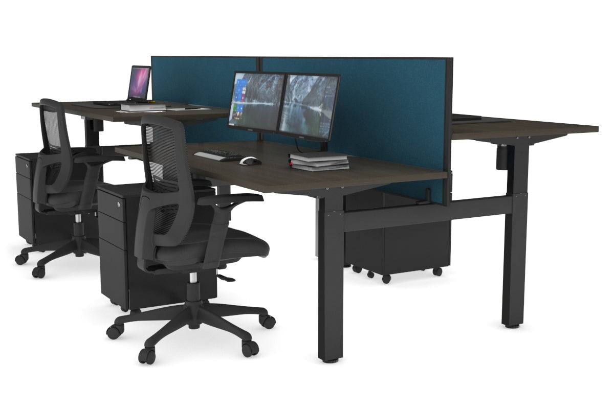 Just Right Height Adjustable 4 Person H-Bench Workstation - Black Frame [1200L x 800W] Jasonl dark oak deep blue (820H x 1200W) none