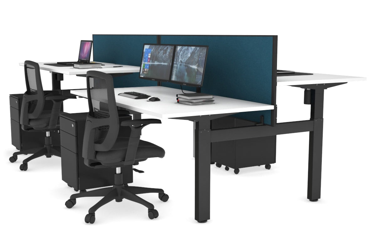 Just Right Height Adjustable 4 Person H-Bench Workstation - Black Frame [1200L x 800W] Jasonl white deep blue (820H x 1200W) none