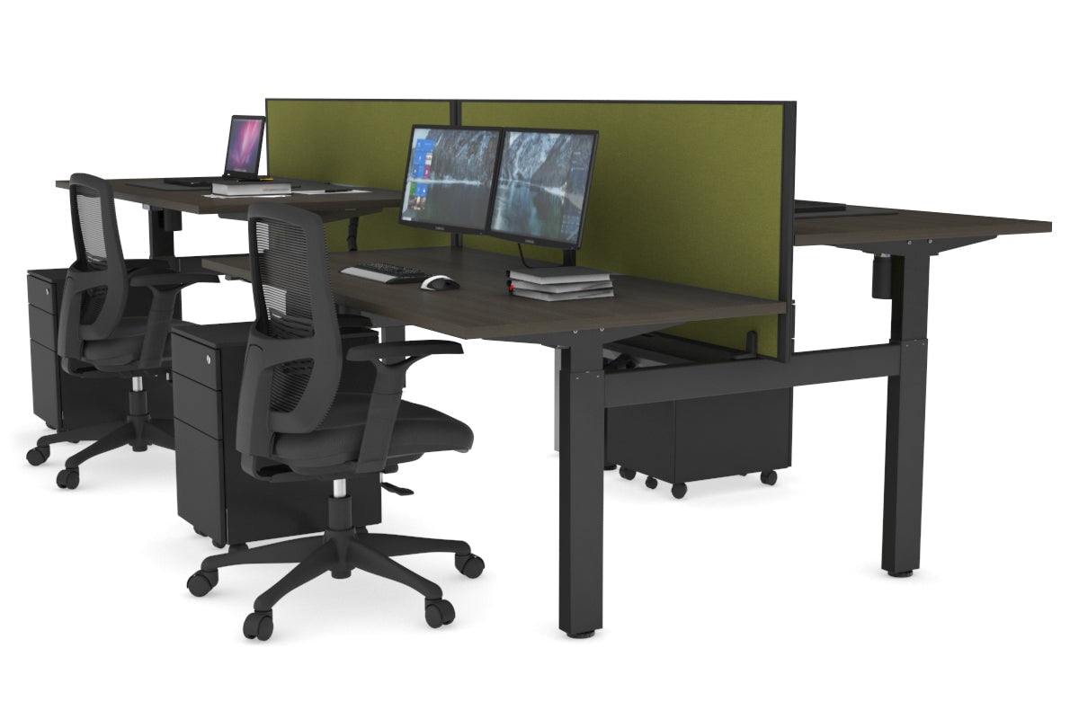 Just Right Height Adjustable 4 Person H-Bench Workstation - Black Frame [1200L x 800W] Jasonl dark oak green moss (820H x 1200W) black cable tray