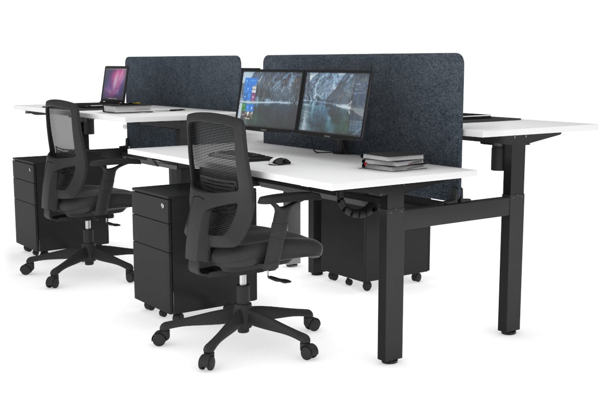 Just Right Height Adjustable 4 Person H-Bench Workstation - Black Frame [1400L x 700W] Jasonl white dark grey echo panel (820H x 1200W) black cable tray