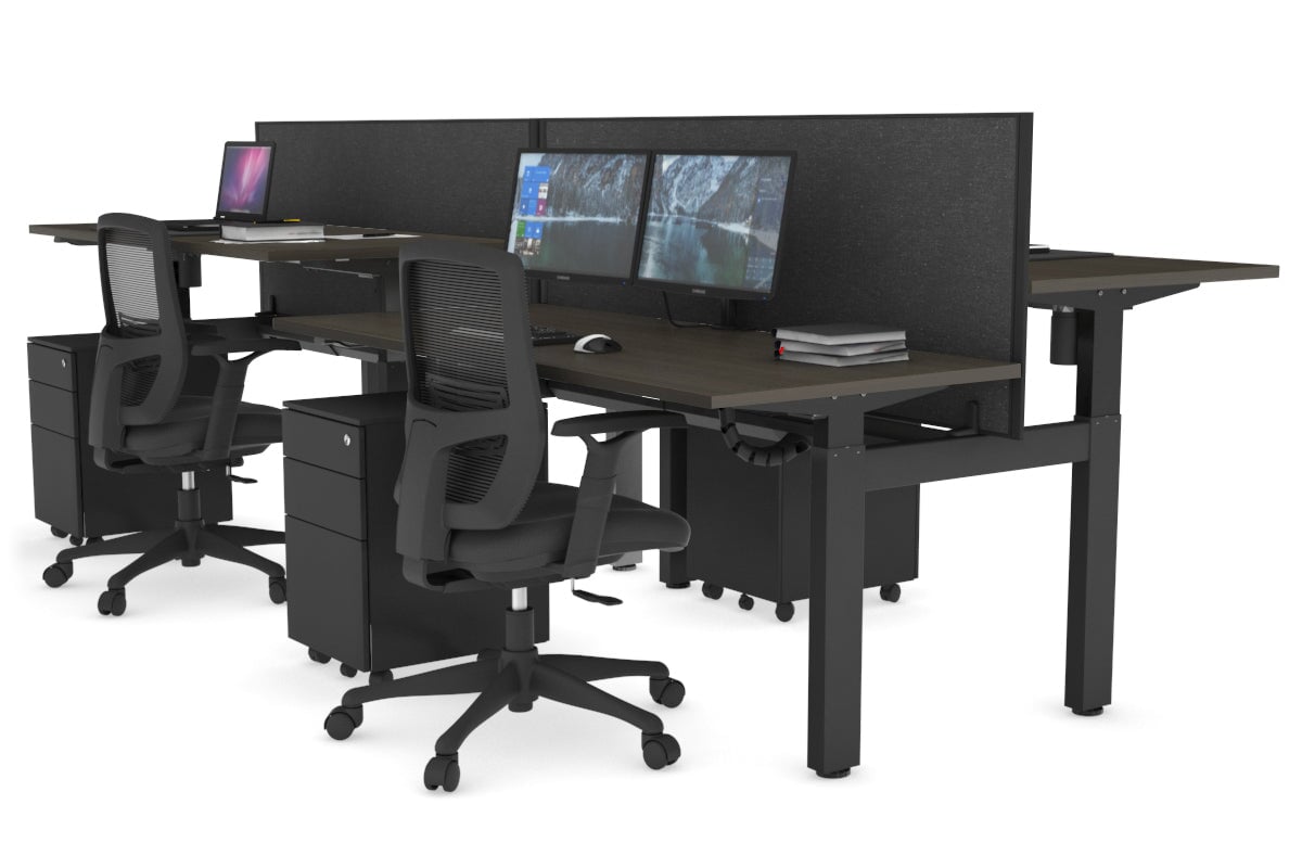 Just Right Height Adjustable 4 Person H-Bench Workstation - Black Frame [1400L x 700W] Jasonl dark oak moody charcoal (820H x 1400W) black cable tray