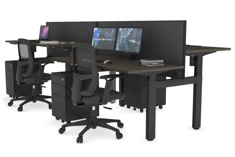 Just Right Height Adjustable 4 Person H-Bench Workstation - Black Frame [1400L x 700W] Jasonl dark oak moody charcoal (820H x 1400W) none