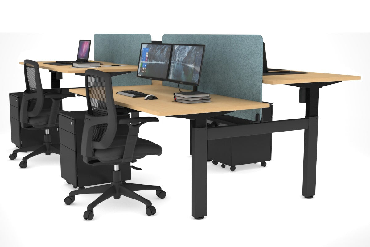 Just Right Height Adjustable 4 Person H-Bench Workstation - Black Frame [1400L x 800W] Jasonl maple blue echo panel (820H x 1200W) black cable tray