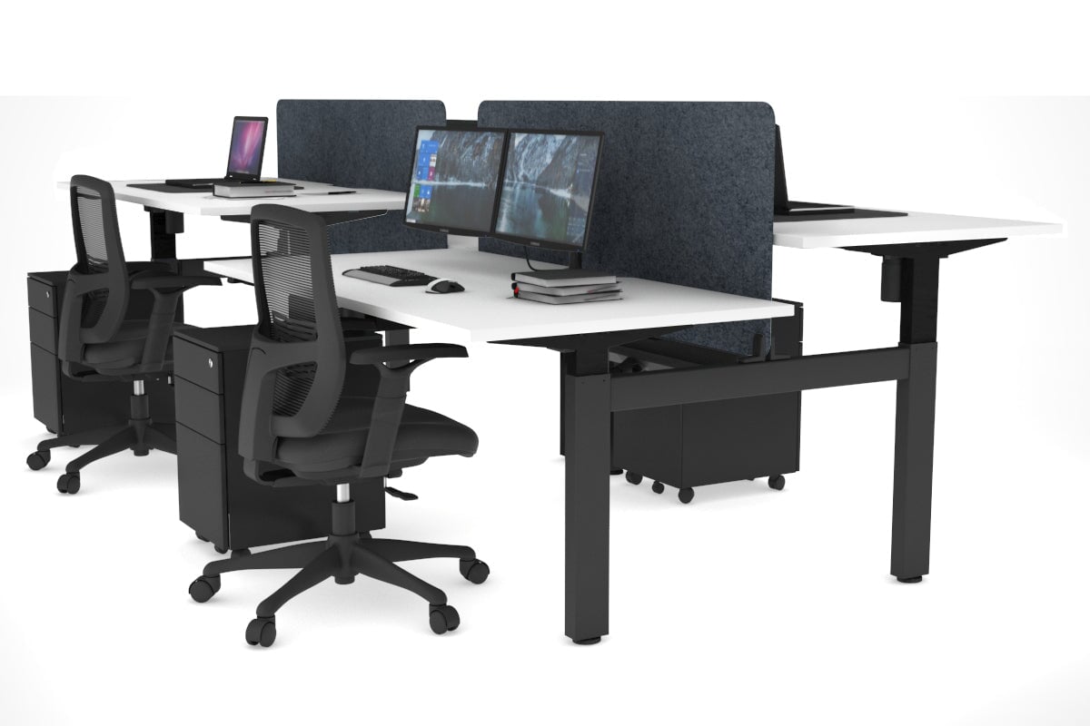 Just Right Height Adjustable 4 Person H-Bench Workstation - Black Frame [1400L x 800W] Jasonl white dark grey echo panel (820H x 1200W) black cable tray