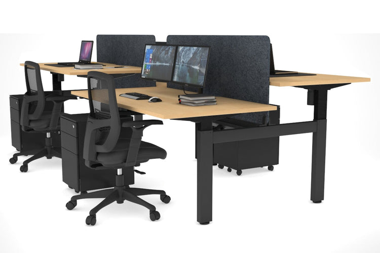 Just Right Height Adjustable 4 Person H-Bench Workstation - Black Frame [1400L x 800W] Jasonl maple dark grey echo panel (820H x 1200W) black cable tray