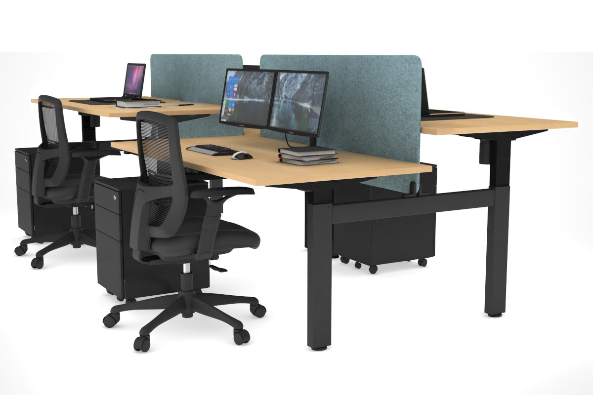 Just Right Height Adjustable 4 Person H-Bench Workstation - Black Frame [1400L x 800W] Jasonl maple blue echo panel (820H x 1200W) none