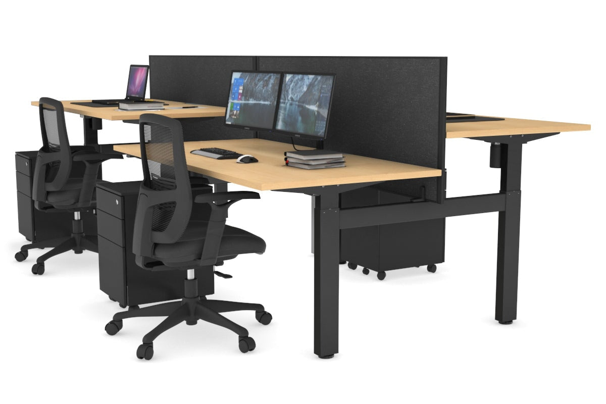 Just Right Height Adjustable 4 Person H-Bench Workstation - Black Frame [1400L x 800W] Jasonl maple moody charcoal (820H x 1400W) none