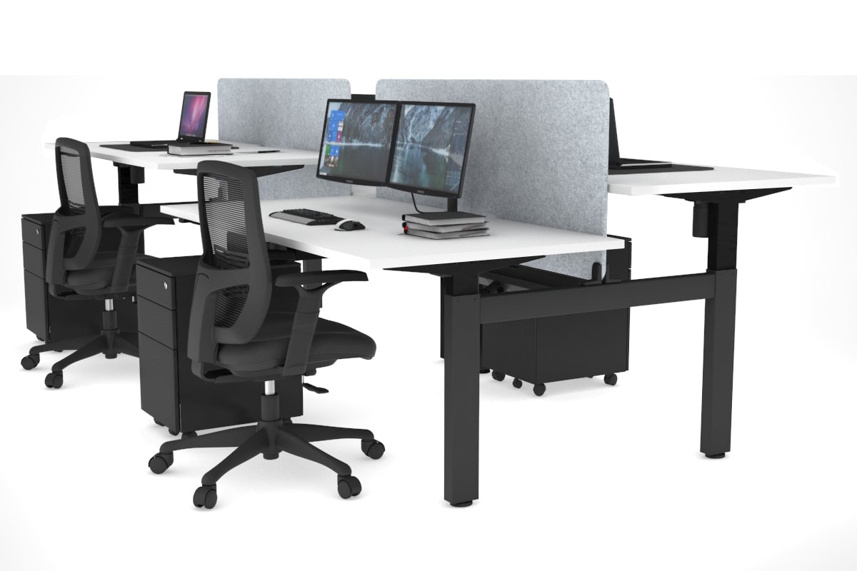 Just Right Height Adjustable 4 Person H-Bench Workstation - Black Frame [1400L x 800W] Jasonl white light grey echo panel (820H x 1200W) black cable tray